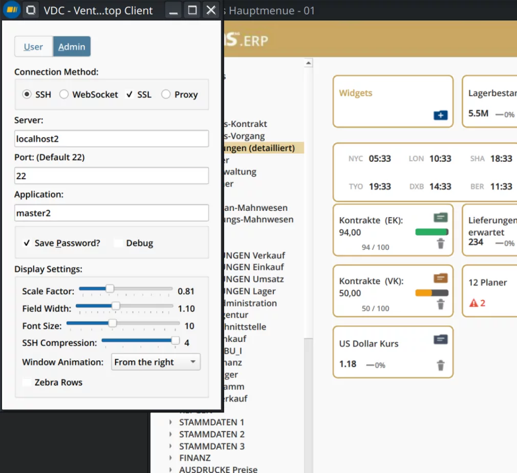The VDC client's connection and display settings